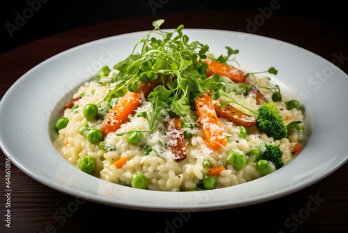 A creamy risotto with Parmesan cheese and vegetables. Generative AI