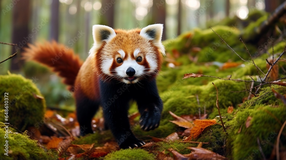 Fototapeta premium In forest, a Red Panda can be seen walking on the grass