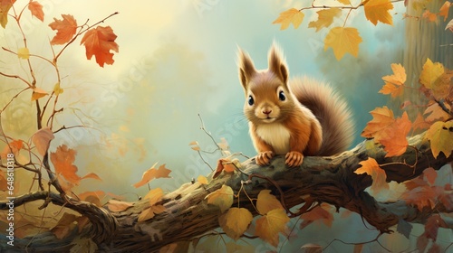 In a treetop scene, a Red Squirrel enjoys a Chestnut sitting on a branch