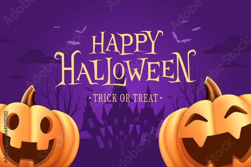 Halloween card on a purple background with funny pumpkins and a scary castle and yellow text. Vector illustration.