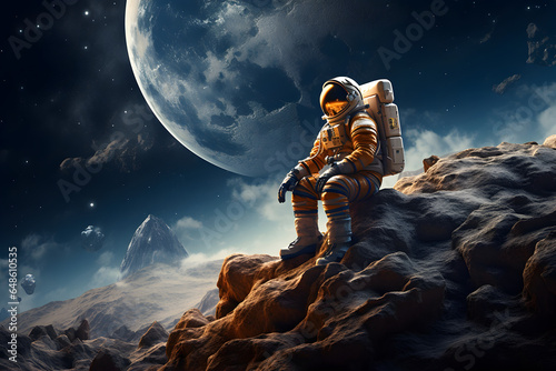Spaceman or astronaut sitting on the rock of the moon.