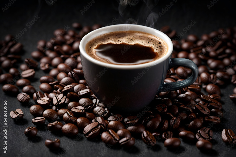 a cup of black coffee with beans in dark background