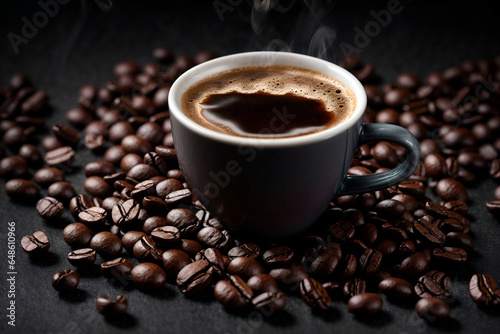 a cup of black coffee with beans in dark background