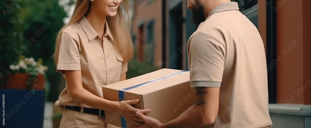 Happy smiling woman receives boxes parcel from courier in front house. Delivery man send deliver express. online shopping, paper containers, takeaway, postman, delivery service, packages Happy smiling woman receives boxes parcel from courier in front house. Delivery man send deliver express. online shopping, paper containers, takeaway, postman, delivery service, packages