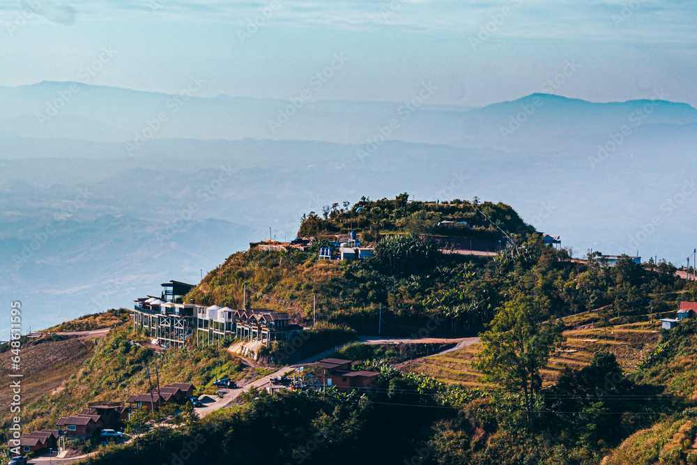 Phu Thap Boek is a 1,768 m high mountain in Phetchabun, Thailand, there is a well-known tourist destination with views of the windmill, mountains, and a resort.