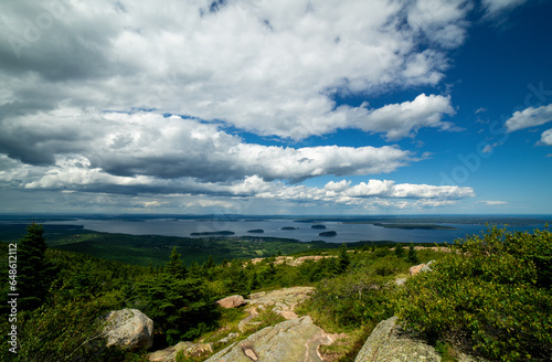 A landscape in August of Cadillac Mountain in Bar Harbor, Maine, near Acadia National Park mid-day with the clouds rolling in during the Summer in August.