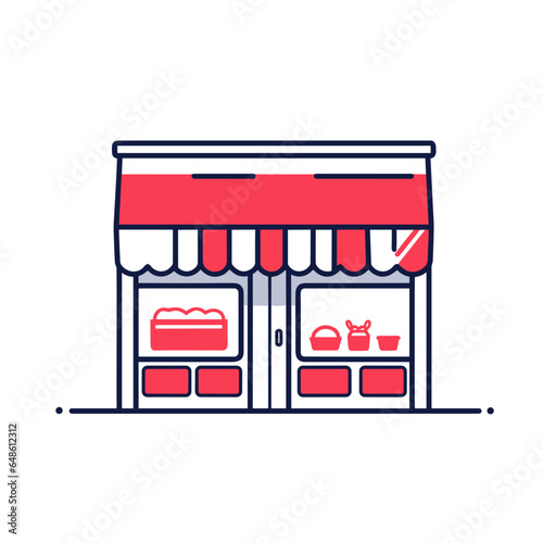 Store window vector icon in minimalistic, black and red line work, japan web