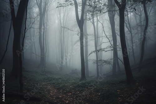 A dense fog enveloping a vibrant forest landscape