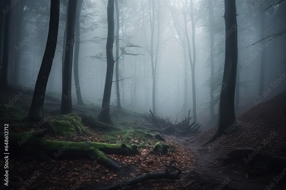A misty forest with a dense canopy of trees - obrazy, fototapety, plakaty 