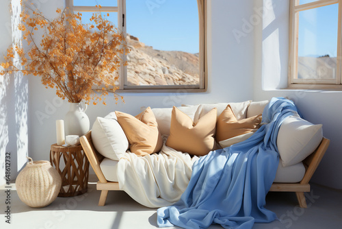 Interior with sofa with light blue and beige blankets and pillows, vases by the window and desert view in the background. Copy space