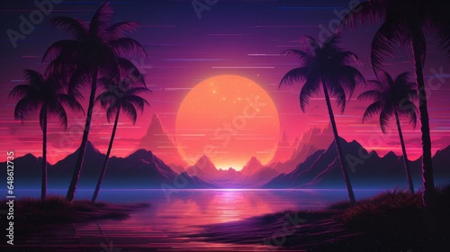 A vibrant sunset over palm trees and majestic mountains