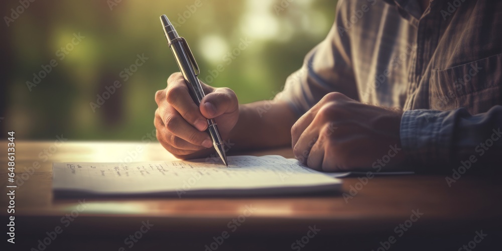 A Person Concentratedly Writing a Test on Paper, Seated at a Desk in Front of Others in an Academic Setting, Engaged in the Process of Assessment and Learning A Person Concentratedly Writing a Test on Paper, Seated at a Desk in Front of Others in an Academic Setting, Engaged in the Process of Assessment and Learning