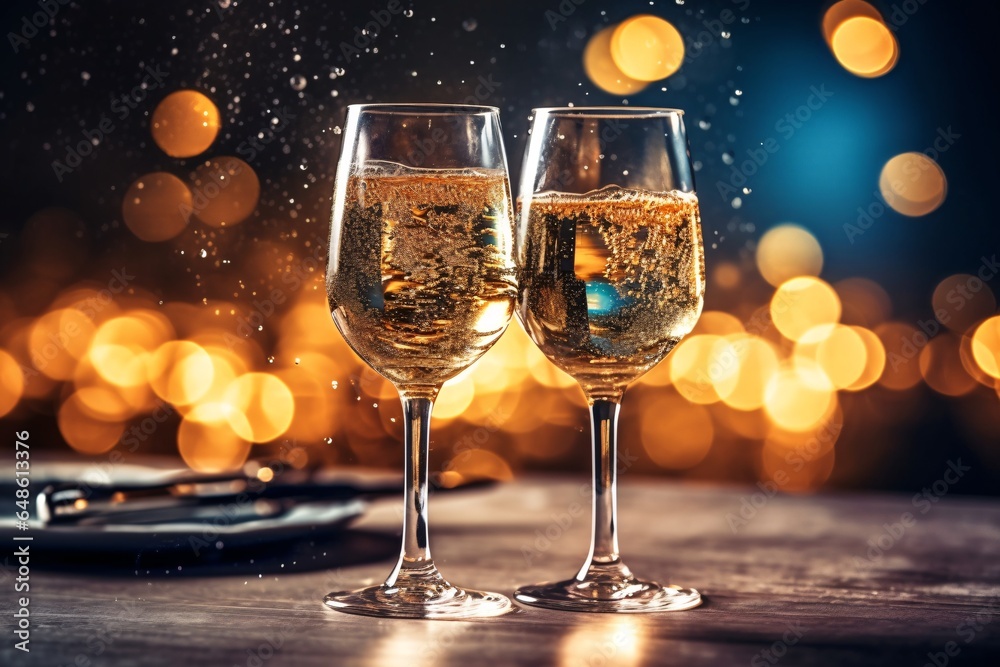 Glasses of champagne on a blurred background with bokeh lights. Christmas and New Year concept. Two glasses of champagne on a wooden table in a bar or restaurant