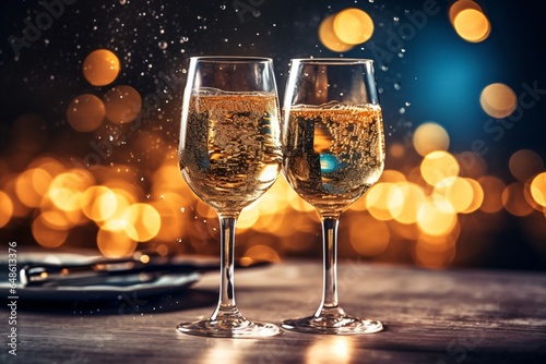 Glasses of champagne on a blurred background with bokeh lights. Christmas and New Year concept. Two glasses of champagne on a wooden table in a bar or restaurant