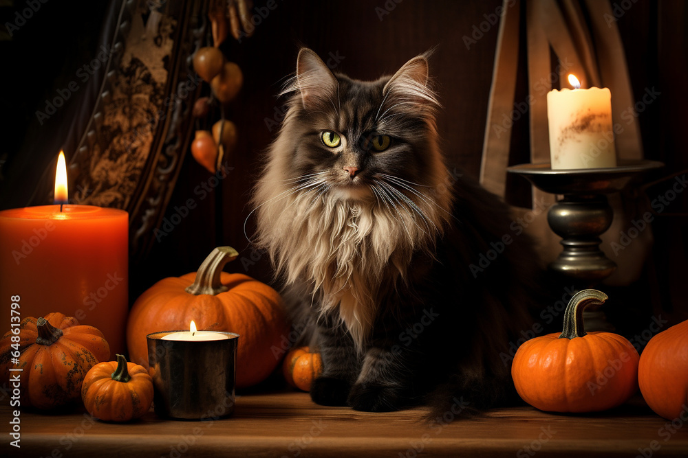 cat on background of autumn decor cat on background of autumn decor