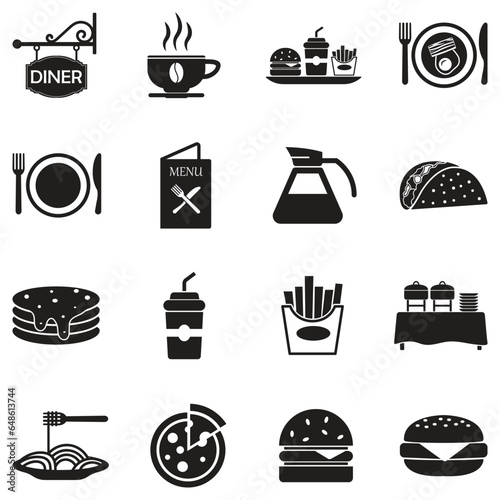 Diner Icons. Black Flat Design. Vector Illustration.