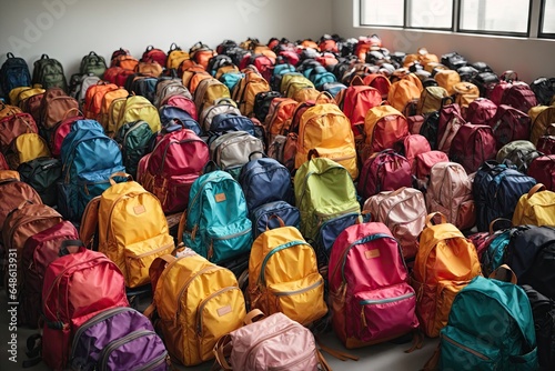 Lots of colorful school backpacks on a white background. ai generative