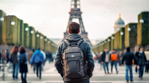 man backpacking facing monuments in france. A young man alone sightseeing contemplating the Eiffel Tower in Paris. Generative Ai. photo