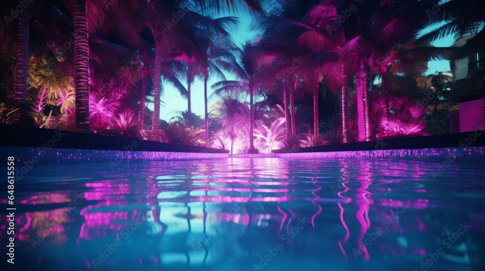 A pool surrounded by palm trees at night