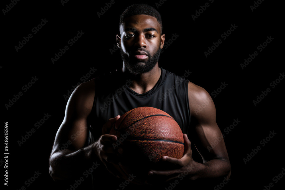 Basketball player concentrating on game. Young african american man holding ball with both hands on black background. Basketball player concentrating on game. Young african american man holding ball with both hands on black background.