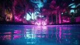 A pool surrounded by palm trees at night