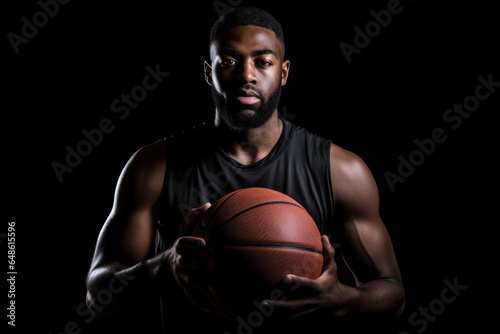 Basketball player concentrating on game. Young african american man holding ball with both hands on black background. © PaulShlykov
