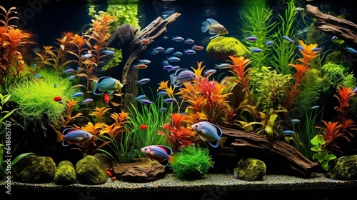 A stunning freshwater aquarium adorned with lush green plants and teeming with a multitude of colorful fish