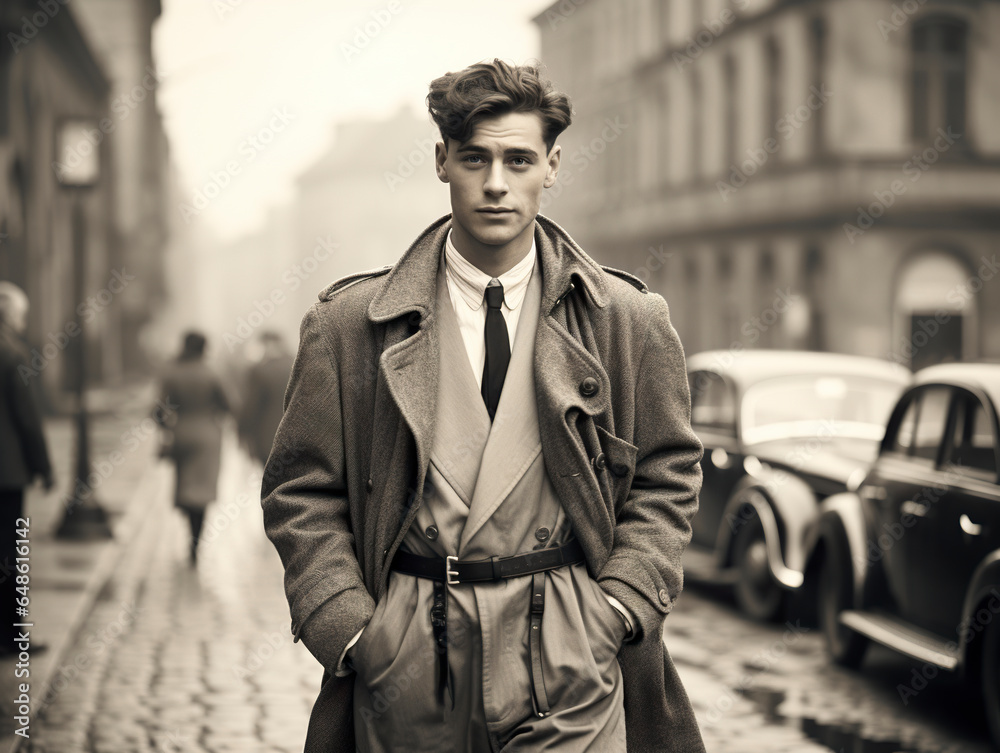 Φωτογραφία In the 1950s, a youthful man wanders the streets of a European city, capturing the essence of a bygone era in monochrome vintage