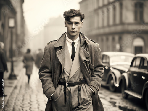 In the 1950s, a youthful man wanders the streets of a European city, capturing the essence of a bygone era in monochrome vintage. 50s man. photo