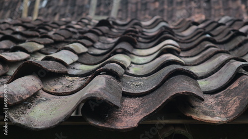 Old clay roof tiles that are covered in moss