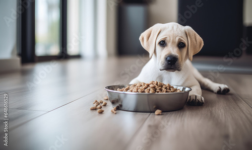 Labrador puppy beside a scattered food bowl.
