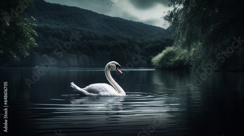 A white swan stands out in contrast against the dark waters of the lake