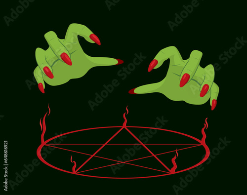 Witch hands with red long nails casting a magic spell. Female arms making black magic ritual with burning pentagram symbol in the dark