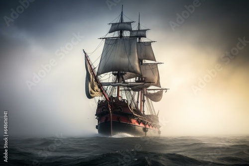 Pirate ship sailing through fog towards camera. Generative AI