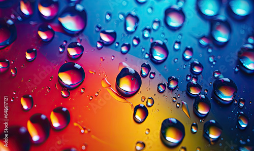 Close-up multicolored drops of water on surface.