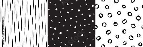 Hand drawn black and white doodle seamless patterns set - circles, rings, fusiform brush drawn strokes, smears, ink lines, stripes, uneven dots, specks, flecks. Chaotic creative artistic backgrounds.