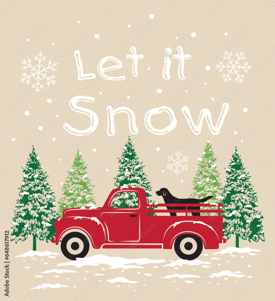 Christmas Card With Vintage Car And Let It Snow Wordings