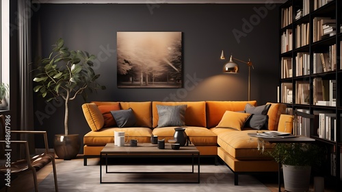 Sofa Lounge in Living Room with Grey Walls and Storage: Soft Edges, Dark White, Light Amber, Vibrant Exaggeration