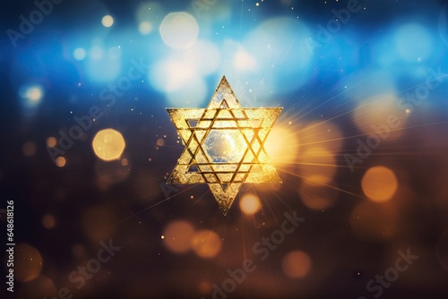 Decorative golden Jewish religion symbol Magen David star on blue bokeh blurred background. Rosh Hashanah, Jewish New Year holiday or Hannukah greeting card with lights and Jewish star