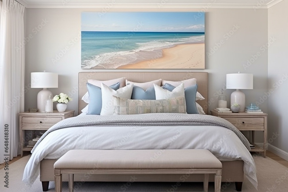 Seaside bedroom features a captivating canvas artwork as focal point. Generative AI