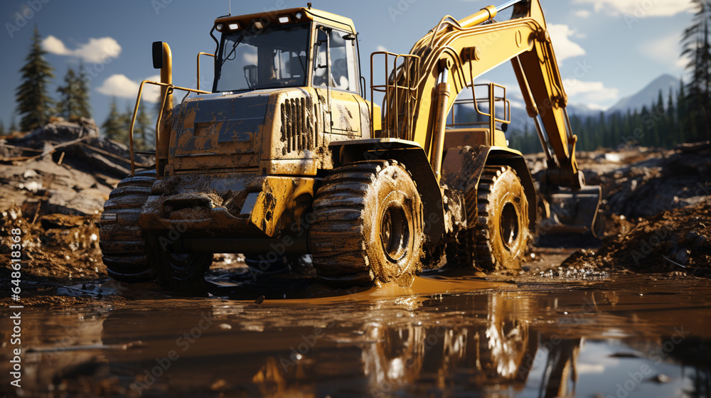 Excavator is in work. Excavator is in work.