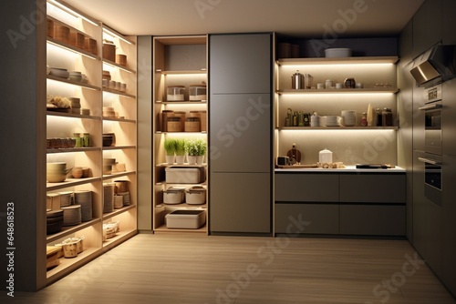 Sleek 3D pantry design; minimalistic style. Generative AI