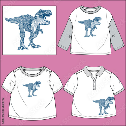 TYRANNOSAURUS GRAPHIC DESIGN WITH VARIOUS MOCK UP BABY BOYS FULL SLEEVE T SHIRT,CREW NECK T SHIRT, POLO T SHIRT TYPES VECTOR ILLUSTRATION