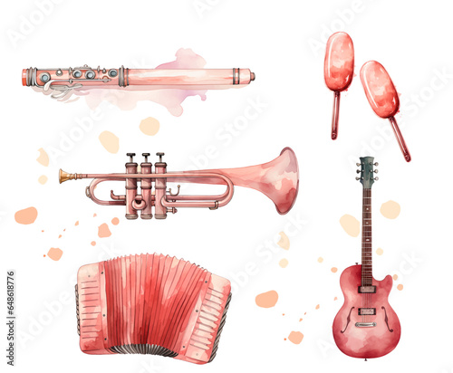 Cute watercolor musical instruments including piano, violin, saxophone and drum, vintage style