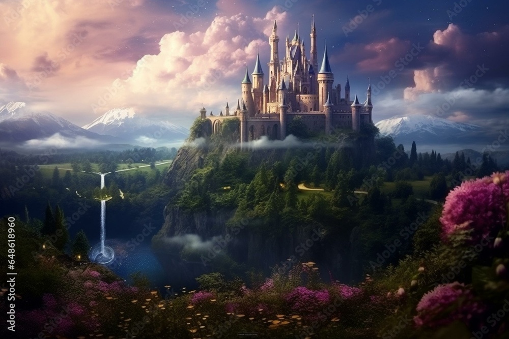 Stunning castle amidst enchanting skies. Generative AI