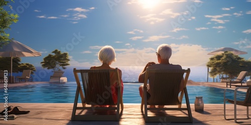 An Older Couple Sits by the Pool, Embracing the Joys of Retirement Life, Focusing on Savings, Retirement Provision, Health in Old Age, and a Better Quality of Life in Their Golden Years © Ben