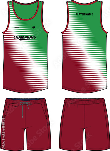 Sleeveless Tank Top Basketball jersey vest design flat sketch illustration template, Racing sports jersey concept with front and back view for Men and women Volleyball jersey and Running kit