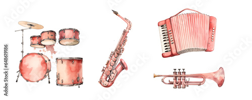 Cute watercolor musical instruments including piano, violin, saxophone and drum, vintage style