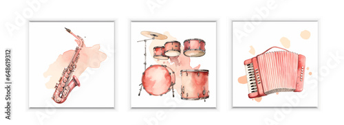 Cute watercolor musical instruments including piano, violin, saxophone and drum, vintage style