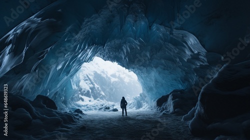 At the entrance of an ice cave, a person is seen